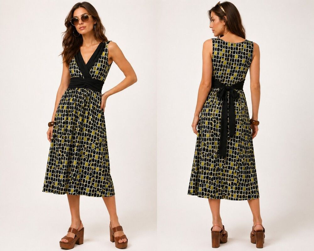 Vintage Vol.1 Geometric Circle Print Tie Back Sleeveless Midi Dress READ